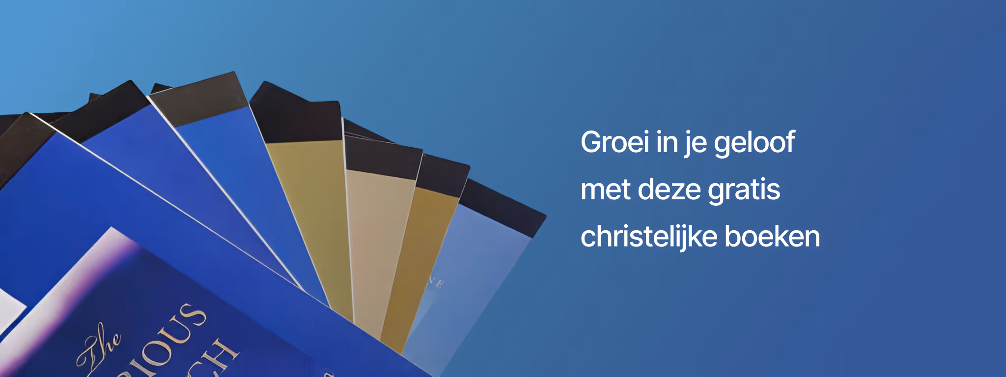 christelijke boeken, waaronder 'De Glorieuze Gemeente', ter promotie van gratis e-books.