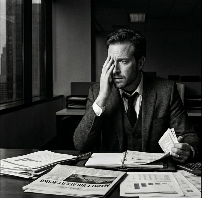 Man in suit at desk, holding papers, looking stressed, with financial documents and newspaper nearby.