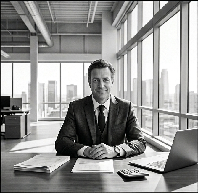 Man in a suit sitting at desk with laptop, calculator, and documents in a bright office with large windows.