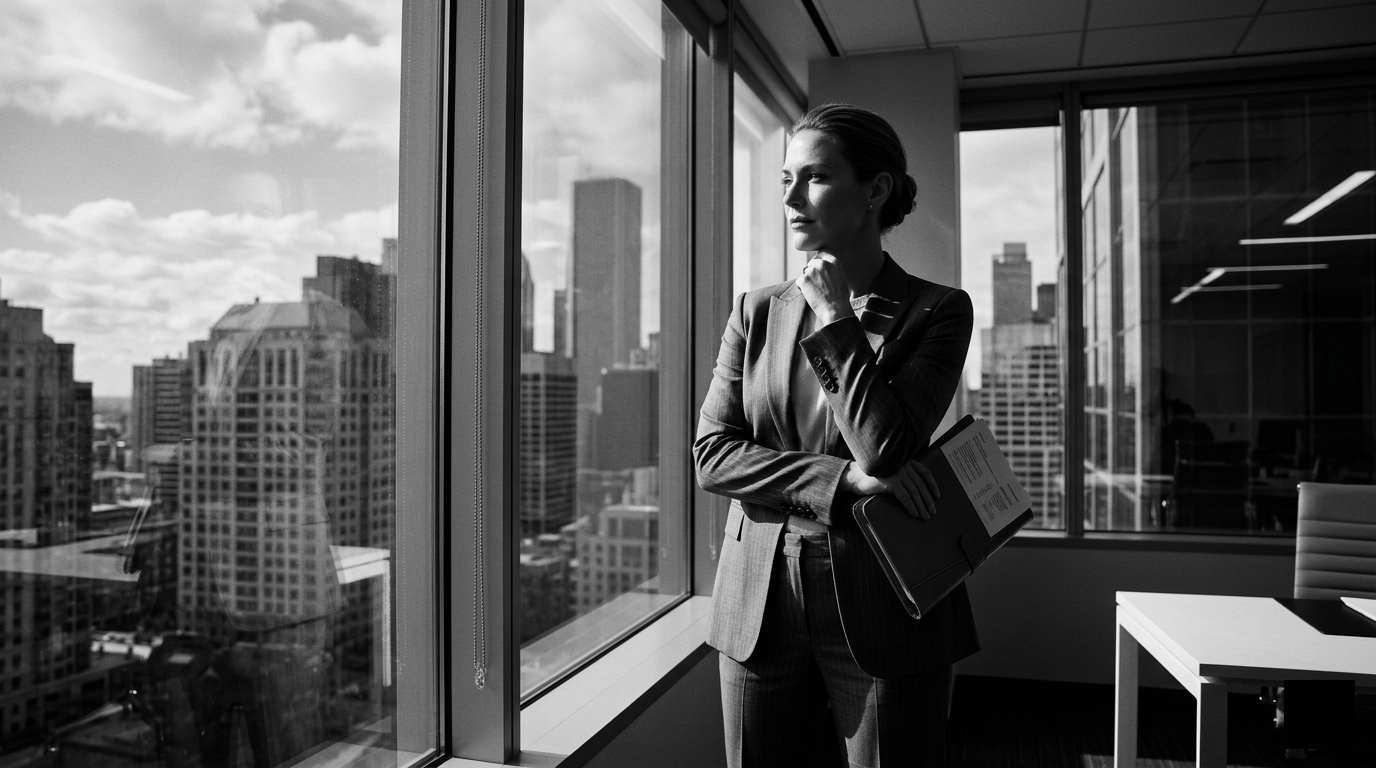 Professional woman in suit holding folder, looking thoughtfully out office window at city skyline.
