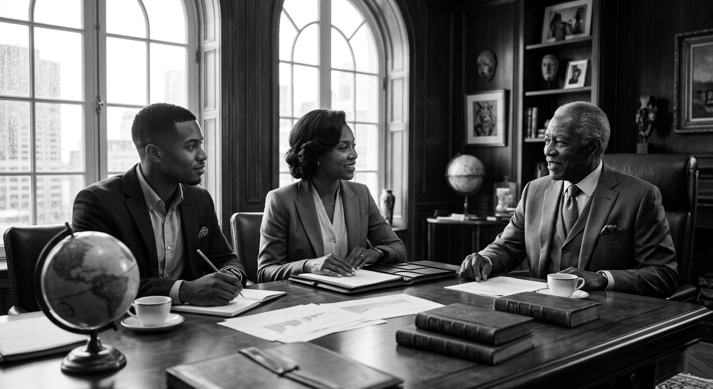 Three Black professionals in suits having a business meeting in a wood-paneled office.