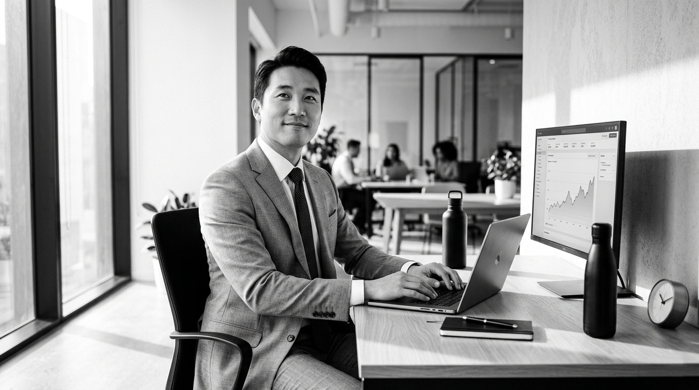 Asian man in suit working on laptop at office desk with a rising graph on screen and coworkers in background.