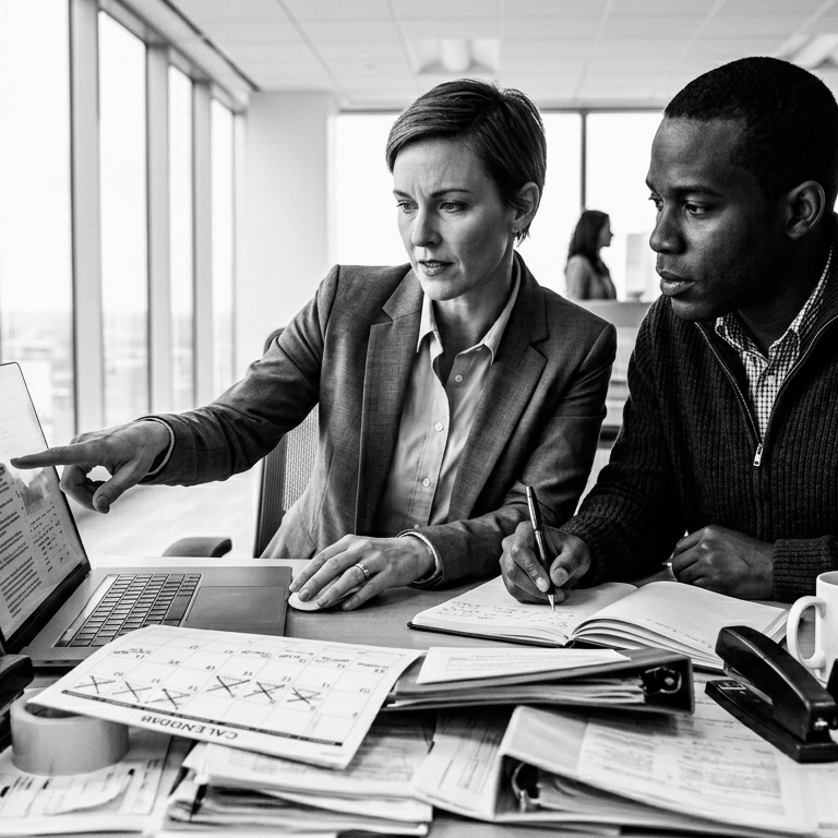 Two business colleagues discussing data on a laptop in an office with papers and calendar on desk.