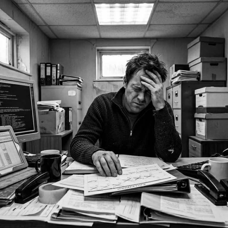 Stressed man at cluttered desk with paperwork, two monitors, coffee mugs, and office supplies in black and white.