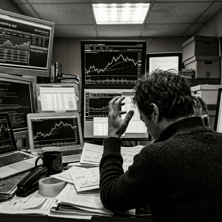 Frustrated man at cluttered desk with multiple screens showing financial charts and data.