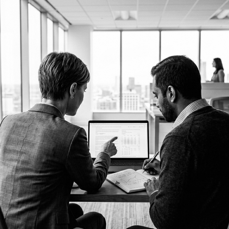Two professionals discussing documents and laptop data in a modern office with city views.