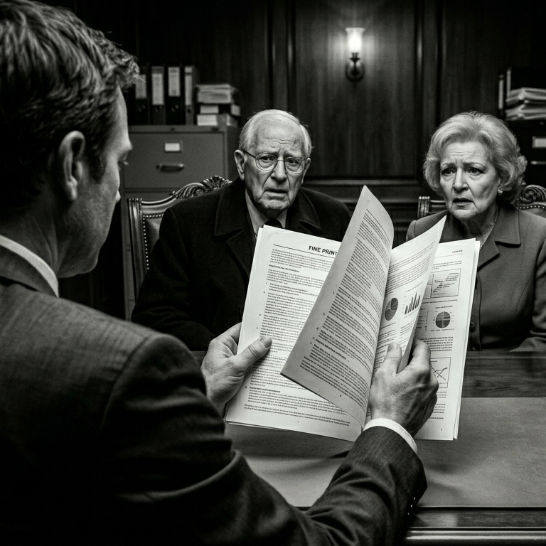 Elderly couple with concerned expressions meeting a man reviewing documents titled 'Fine Print' in office.