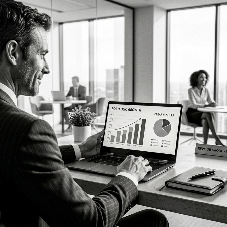 Smiling man in suit viewing portfolio growth charts on laptop in modern office setting.