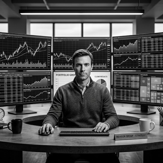 Man seated at desk with multiple monitors displaying financial charts and graphs in office.