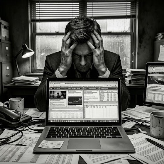 Man holding his head in stress sitting behind laptop with financial charts and documents on desk.