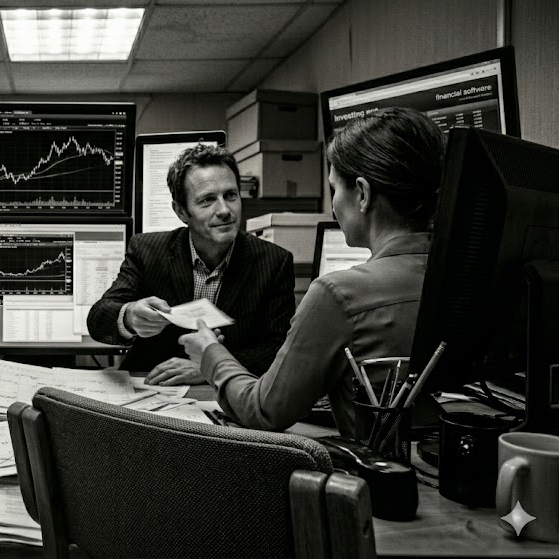 Two coworkers exchanging documents in an office with multiple financial data screens around them.