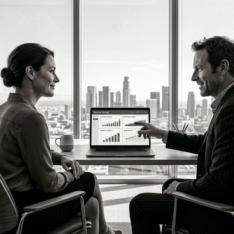 Businessman explaining charts on a laptop to a woman in an office with city skyline view.