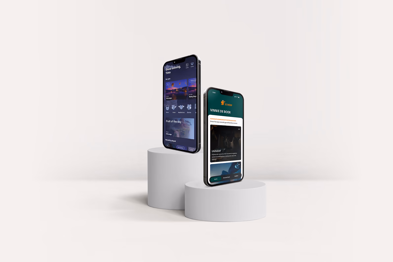 Mobile device mockup with app design sleep fruits app and scherp app