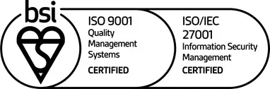 BSI ISO 9001 Quality Management Systems and ISO/IEC 27001 Information Security Management certified logo