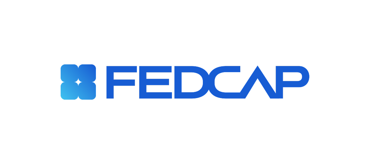 FEDCAP logo with a four-part blue geometric symbol on a black background.