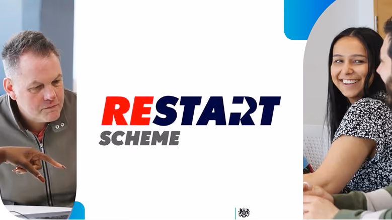 A picture of the Restart Scheme logo flanked by two customers