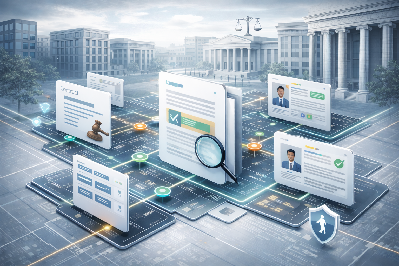 Six-layer legal AI stack diagram showing model, workflow interface, authority, and verification layers