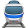 Front view of a blue and white high-speed bullet train on tracks.