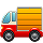 Red delivery truck with a large yellow cargo container on its back.