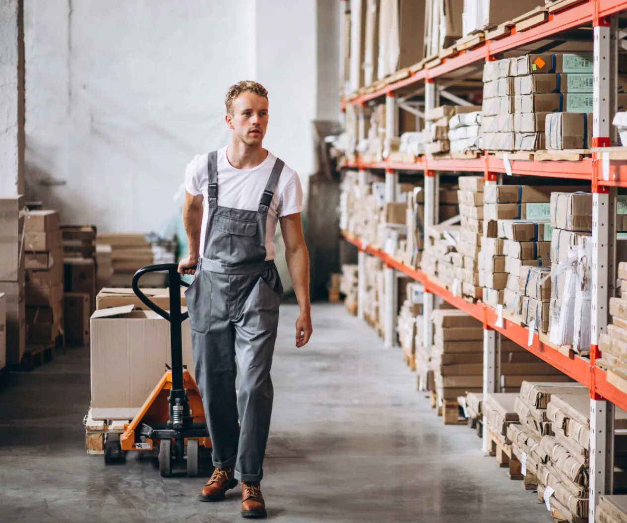 Worker in gray overalls pulling a pallet jack with a cardboard box in a warehouse aisle with shelves full of packages.