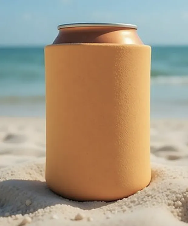 Orange blank koozie on a can in the sand