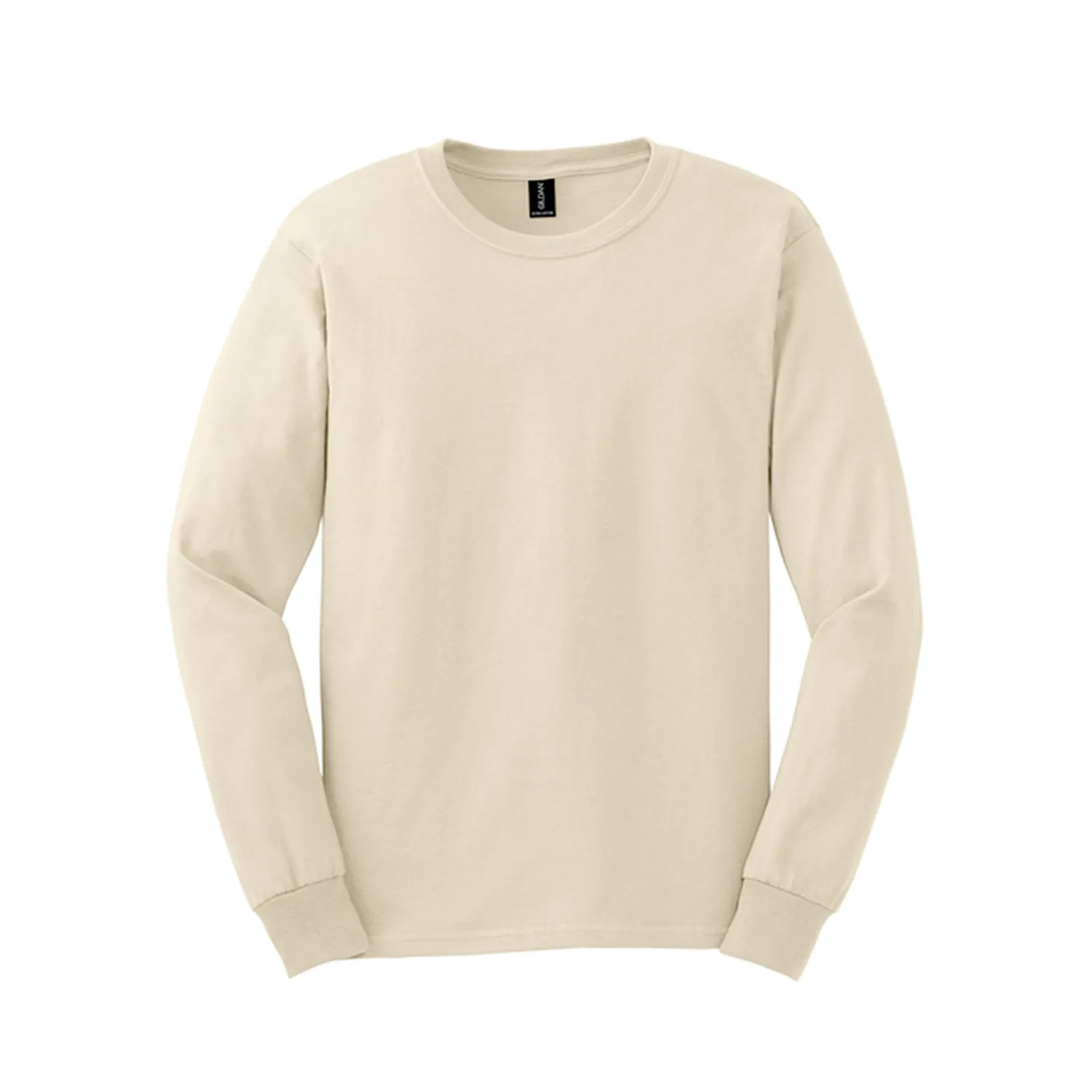 Beige long sleeve t-shirt flat lay on white.