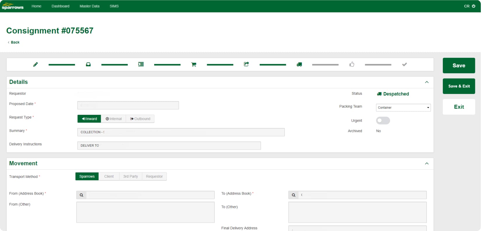 Figure 2 : Despatch consignment details screen