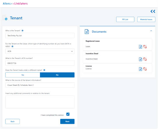 Figure 2 : Allens - Client Solution - Tenant Details
