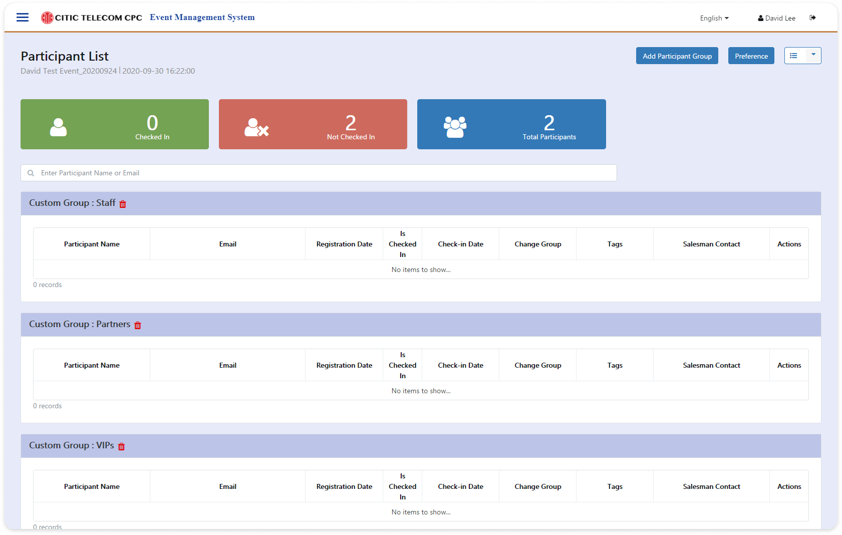 Figure 7 : Event Management System - Participant Page