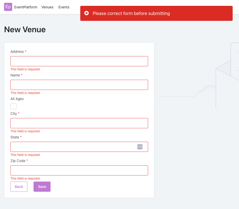 new venue invalid form error