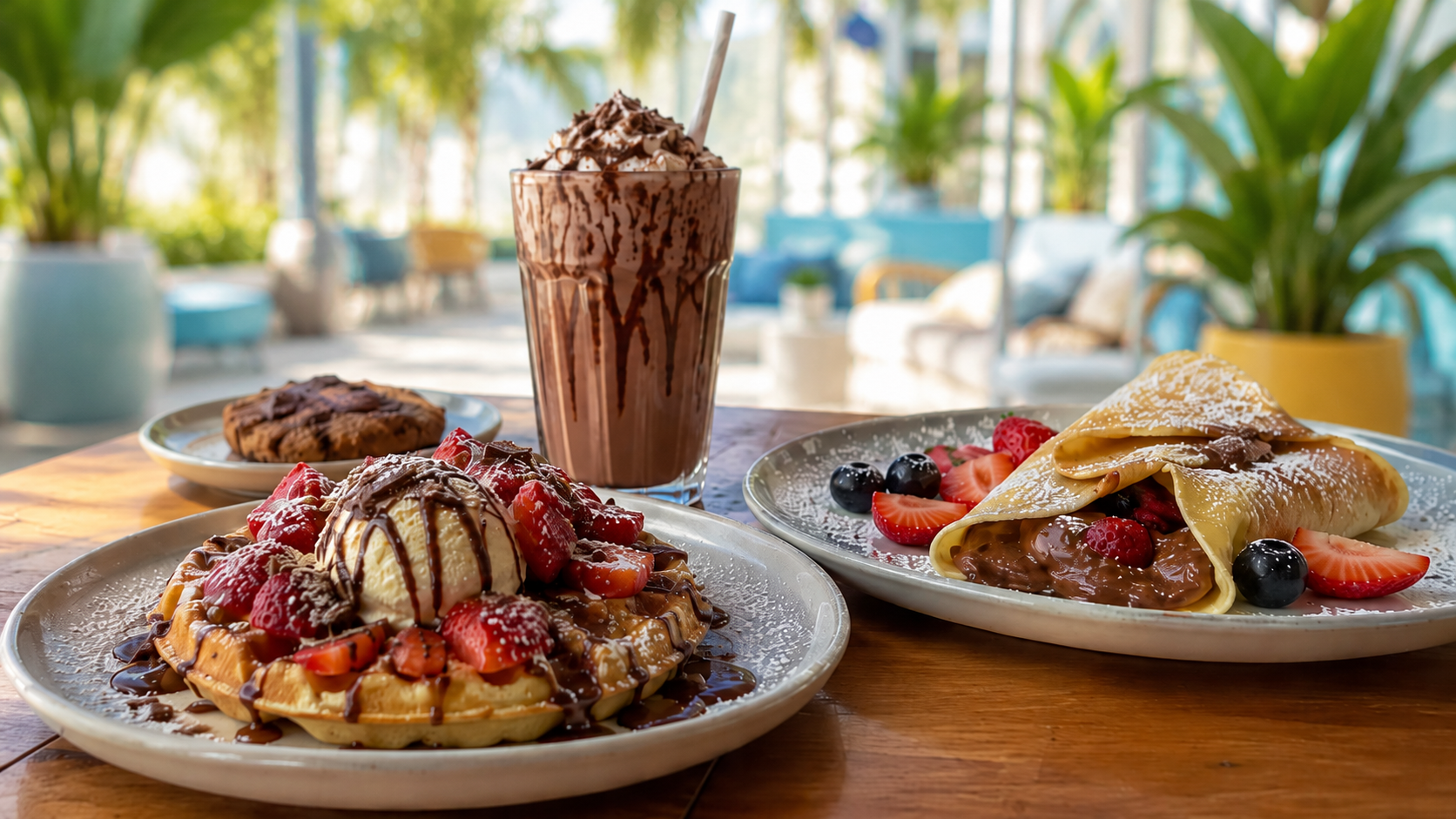 Waffles with sweet toppings, fruit and chocolate for a Cairns café blog