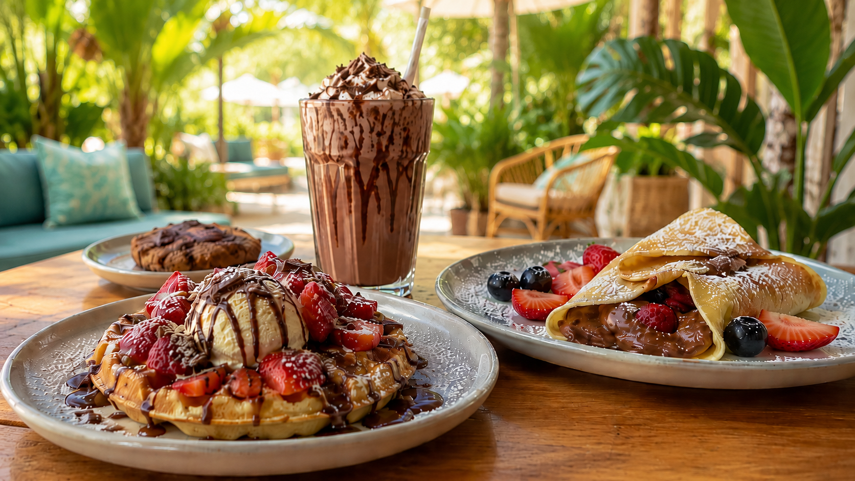 Chocolate waffles crepes chocolate drink and fresh fruit in a Cairns café setting