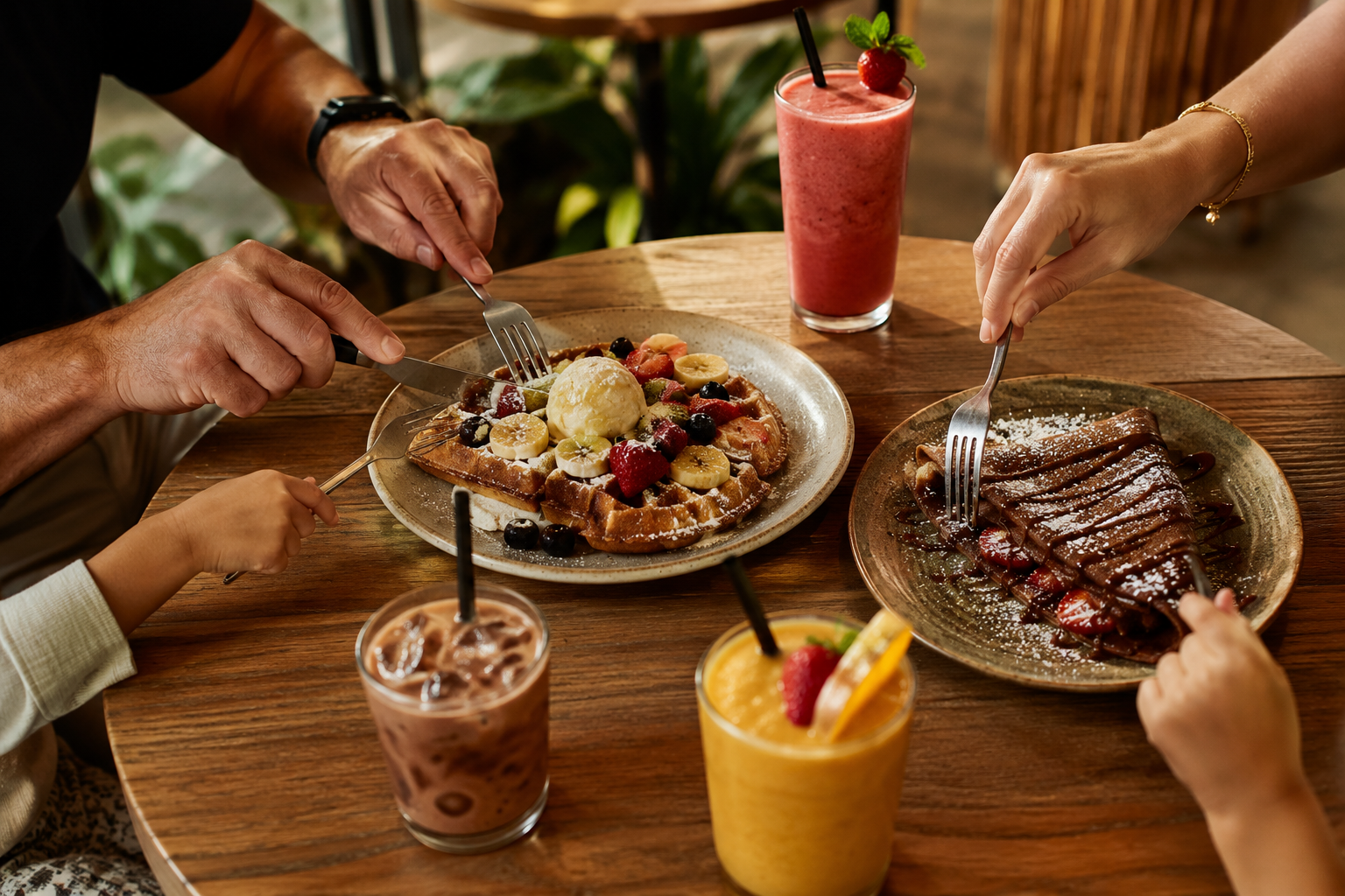 Family sharing waffles, chocolate crepes and smoothies at a family friendly café in Cairns City