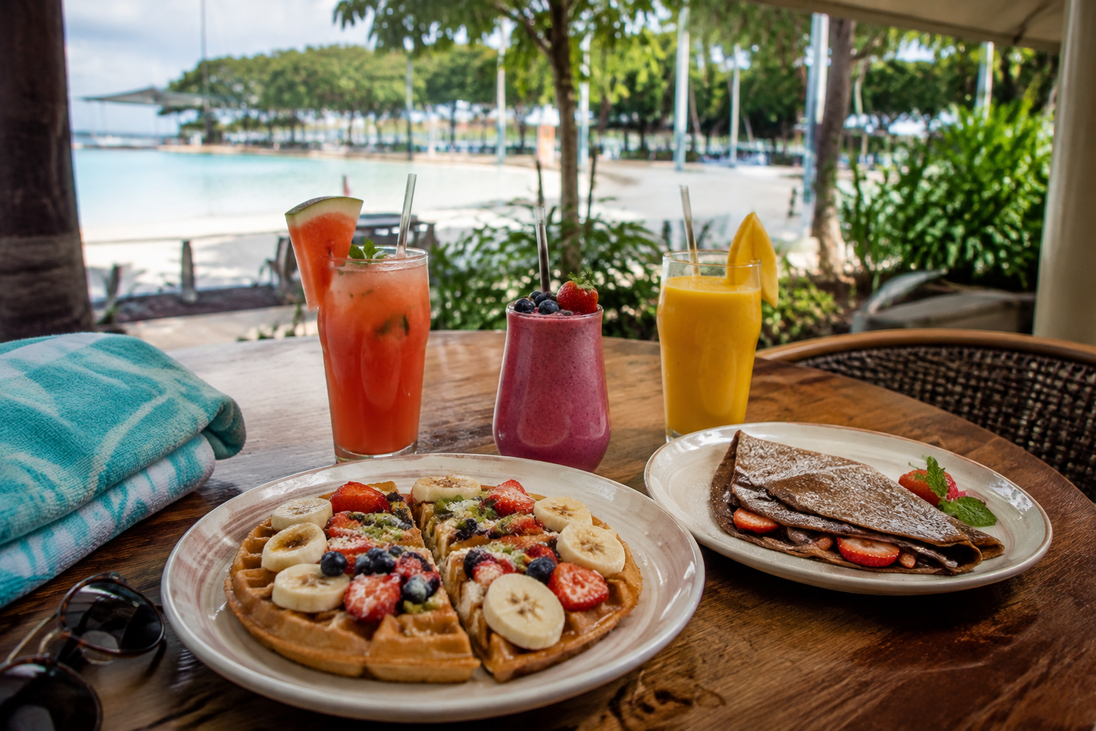 Waffles, chocolate crepes, smoothies and fresh juice to enjoy after visiting Cairns Lagoon