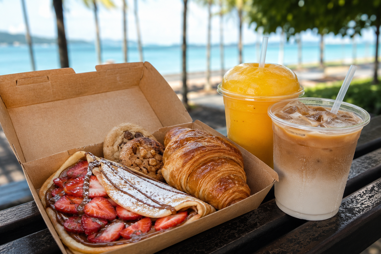 Smoothie, iced coffee, strawberry chocolate crepe and croissants carried along Cairns Esplanade