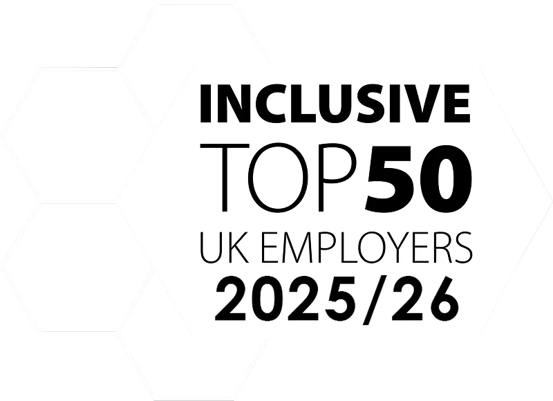 Inclusive Top 50 UK Employers 2025/26 logo with hexagonal design.