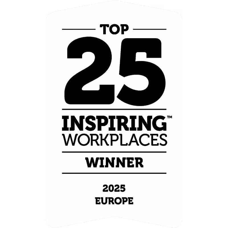 Top 25 Inspiring Workplaces Winner 2025 Europe award badge in black and white.