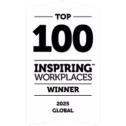 Top 100 Inspiring Workplaces Winner 2025 Global award badge in black and white.