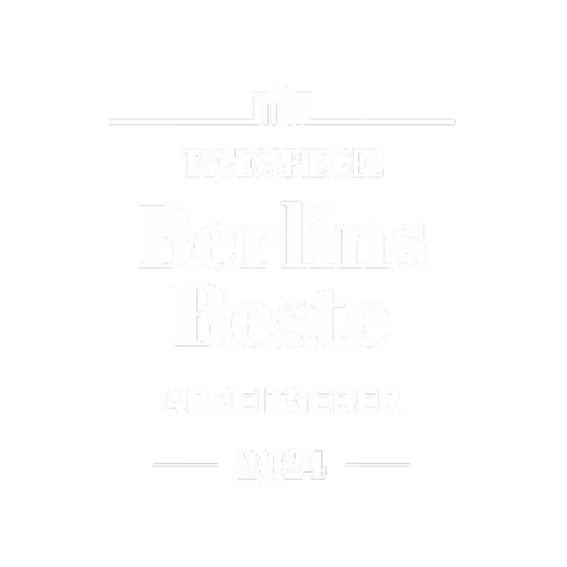 Tagesspiegel Berlins Beste Arbeitgeber 2024 award logo with Brandenburg Gate icon above text on black background.