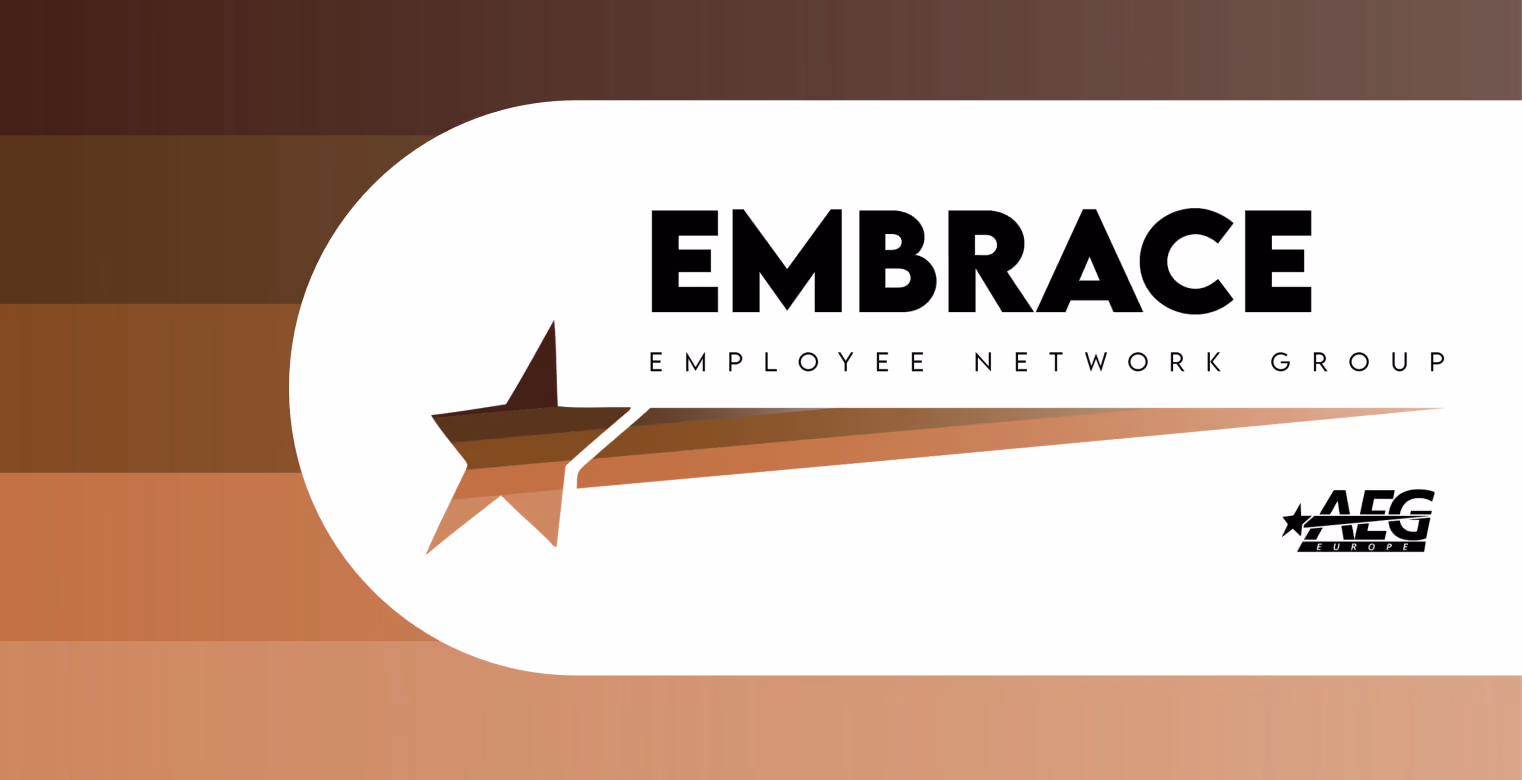 Embrace employee network group logo with a star and gradient stripes in brown shades, AEG Europe logo included.