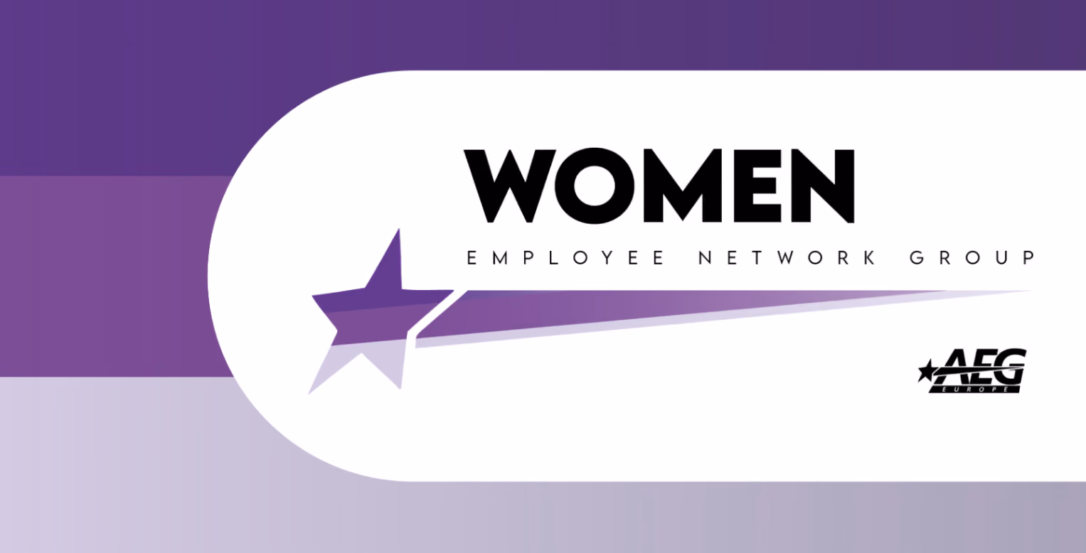 Purple and white banner with star and text 'Women Employee Network Group' and AEG Europe logo.