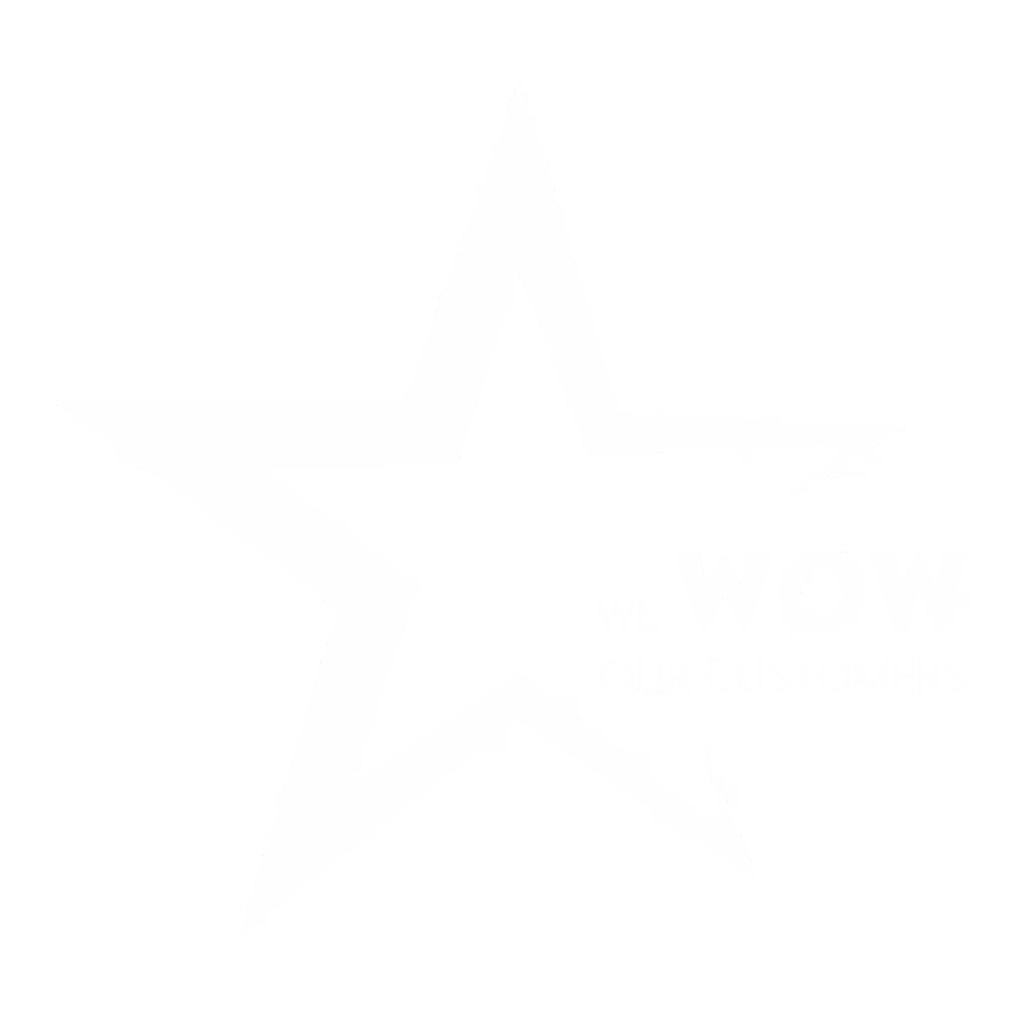 White star shape with text beside it reading We Wow Our Customers on black background.