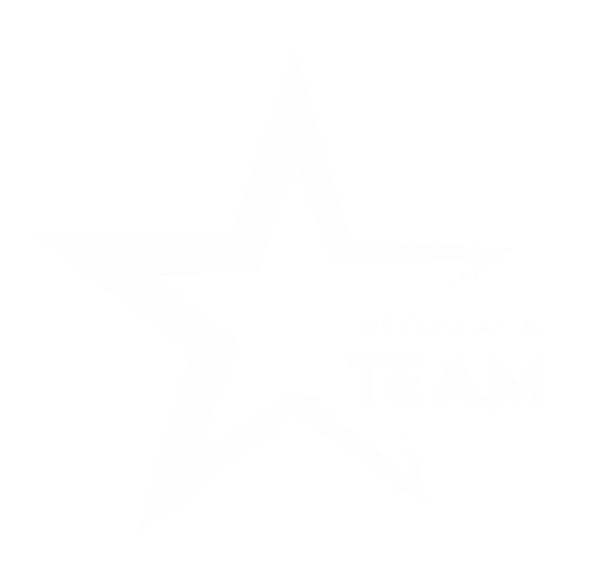 White outlined star with the text We Play As A Team on black background.