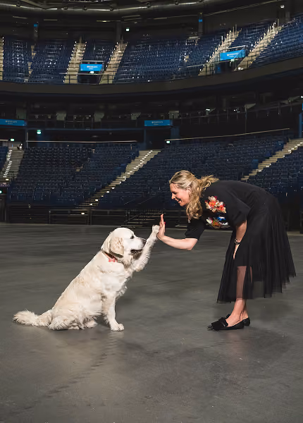 Woman in black skirt giving a high-five to a white dog inside an empty arena with blue seats.