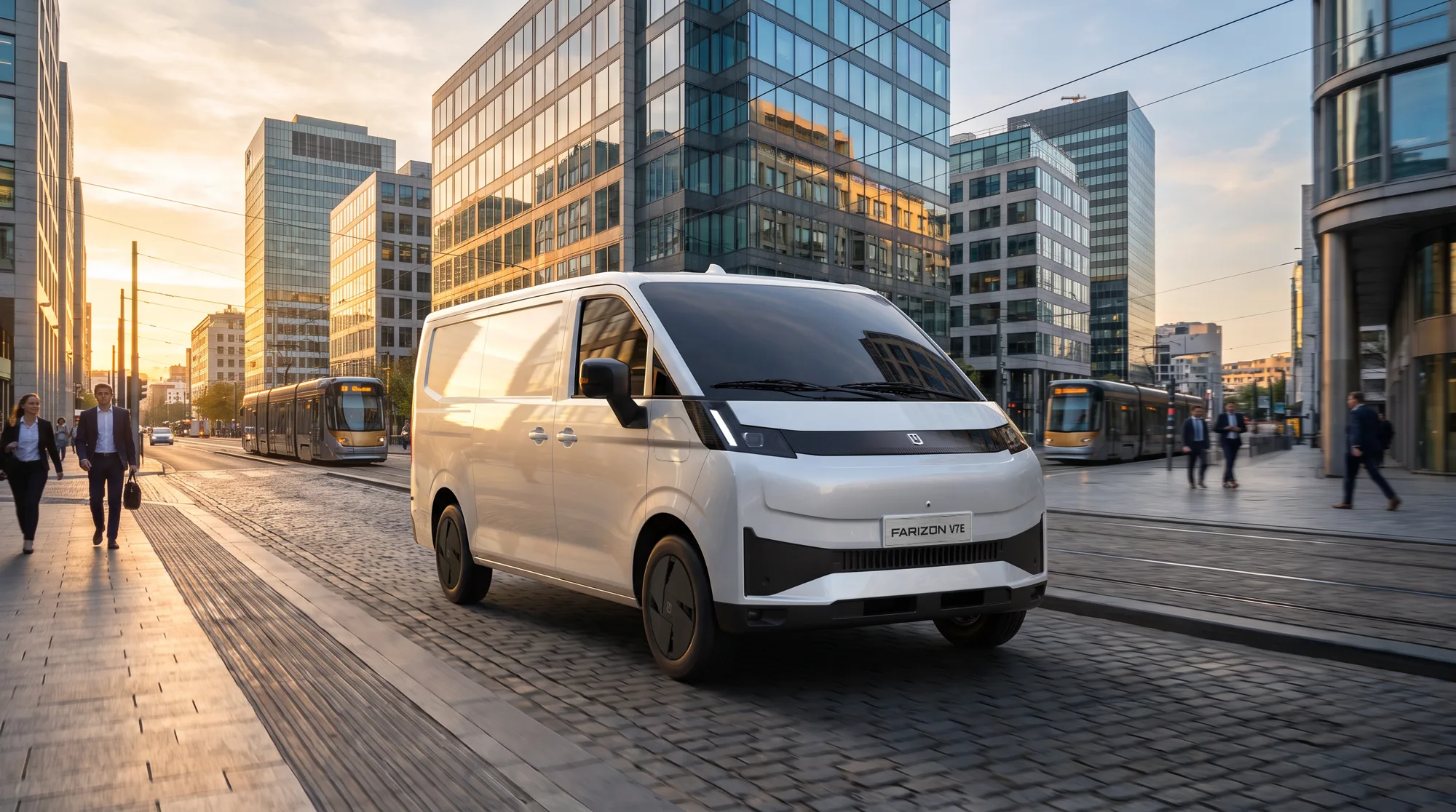 Witte Farizon V7E elektrische bestelauto bij zonsopgang in de stad