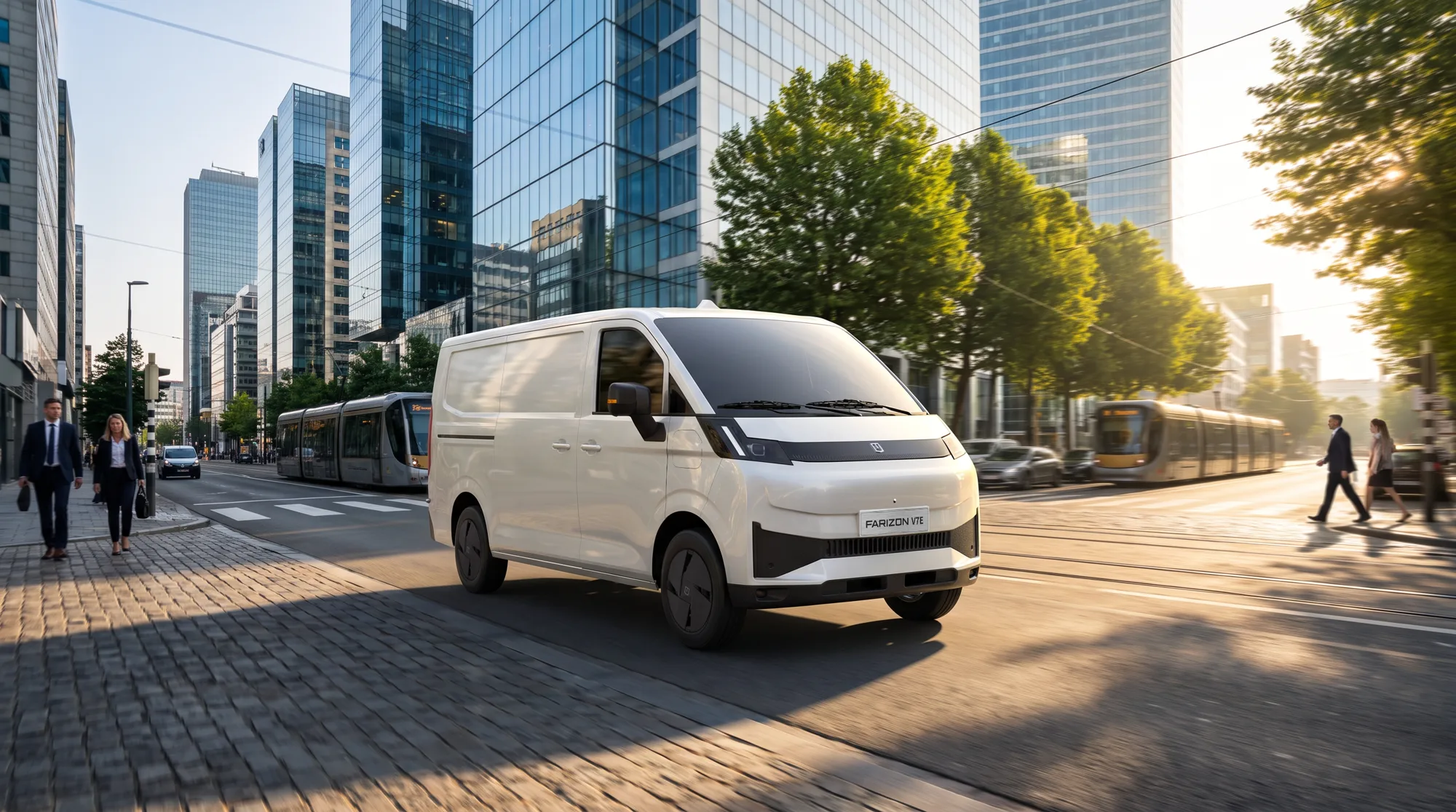 Farizon V7E 100% elektrische bestelauto in een zakenwijk