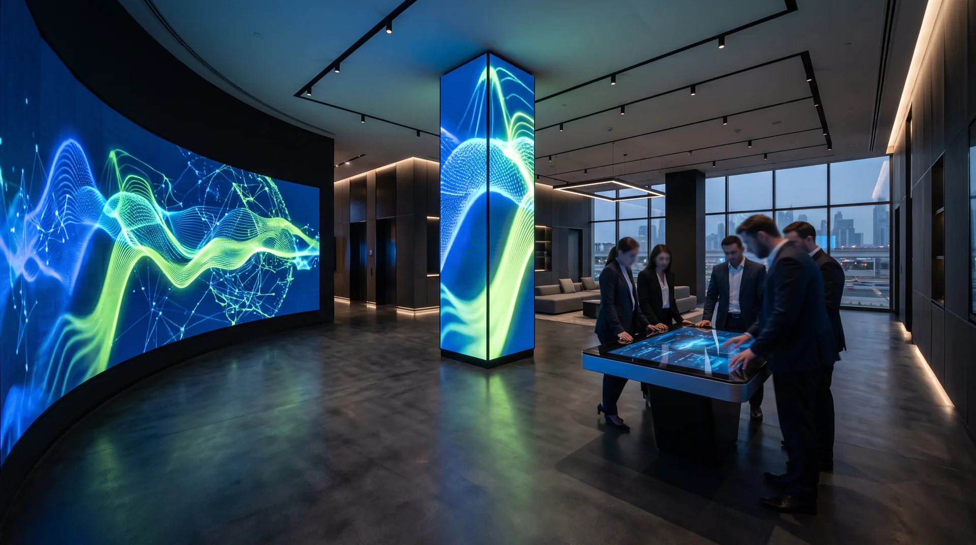 Future-proof corporate experience centre with a curved LED wall, four-sided LED pillar and interactive touch table