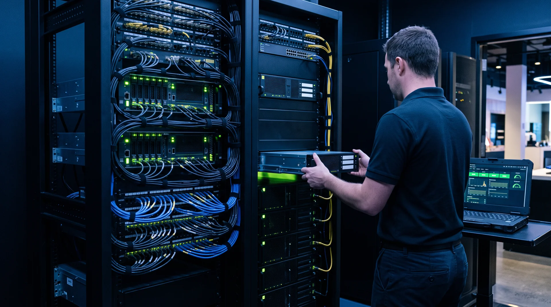 AV engineer replacing a modular media server in an experience centre equipment rack with remote system monitoring