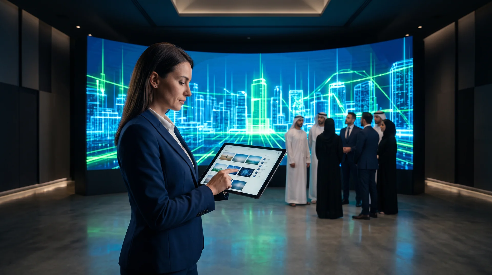 Facilitator using a content management system on a tablet to update an LED wall for a visiting delegation