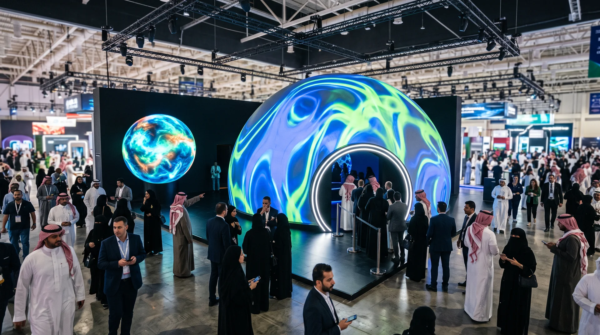 Temporary exhibition activation with an immersive projection dome and spherical LED display drawing crowds in Riyadh